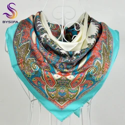 [BYSIFA] Blue Twill Silk Scarf Top Grade Luxury Brand 100% Pure Silk Square Scarves Wraps 90*90cm Autumn Winter Women Neck Scarf