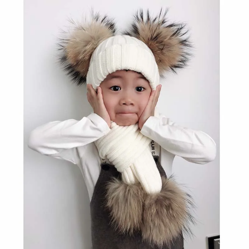 4 Pieces Pompom Hat Scarf Kids Winter Beanie Boys Girls Winter Cap Children Real Fur Pompom Hats Baby Knitted Hat and Scarf Set