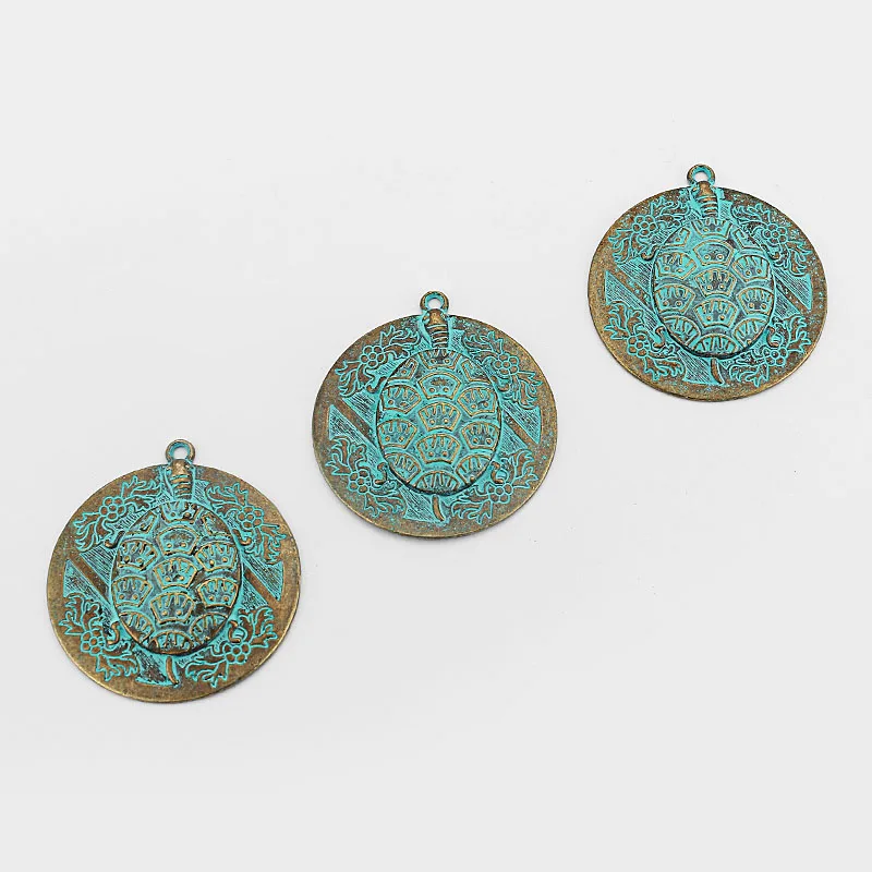 3Pcs Verdigris Patina Large Round Carved Tortoise Turtle Charms Pendant Medallion For DIY Necklace Jewelry Making Supplies