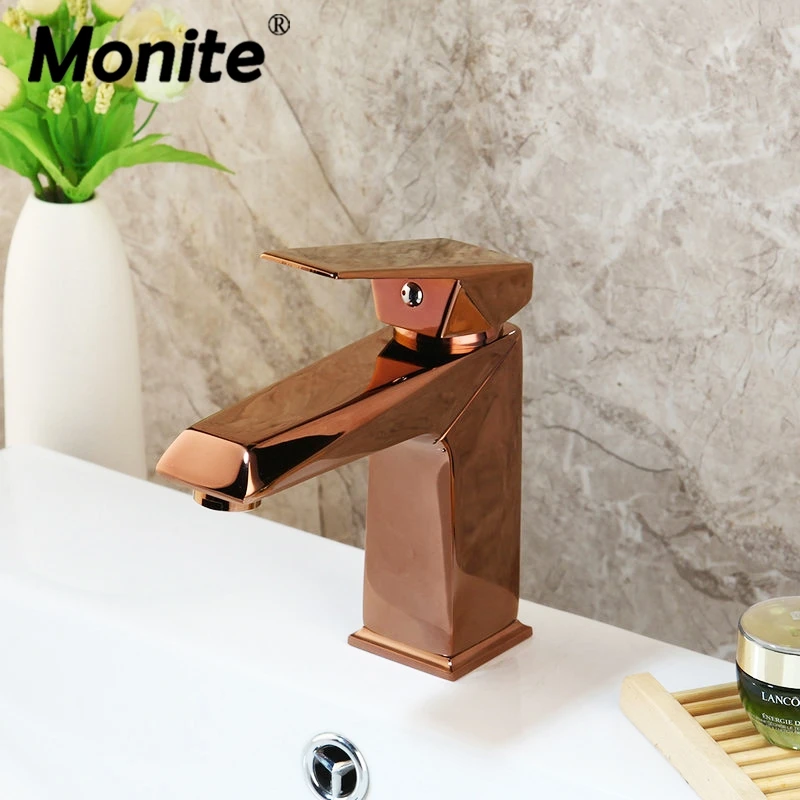 Monite Rose Golden Polished Deck Mount Pink Gold Bathroom Vanity Vessel Sinks Mixer Tap Cold Hot Water Tap Faucet Mixer Taps