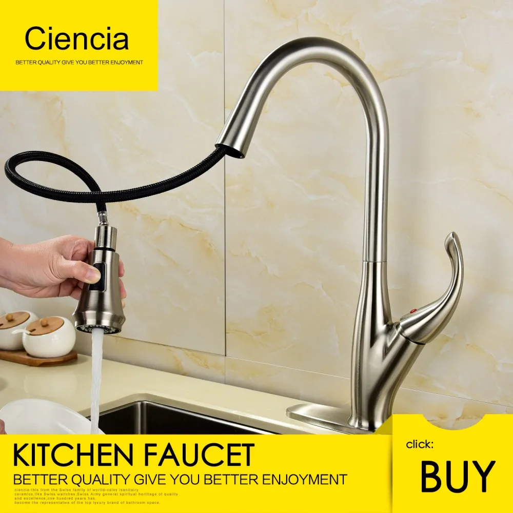 

Ciencia Brass Brushed Nickel Deck Mounted 360 Degree Rotating Pull Out Sprayer Kitchen Faucet Mixer Tap For itchen