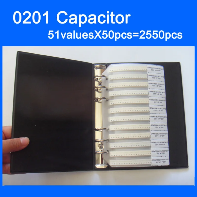 

Free Shipping 0201 SMD Capacitor Sample Book 51valuesX50pcs=2550pcs 0.5PF~220NF Capacitor Assortment Kit Pack