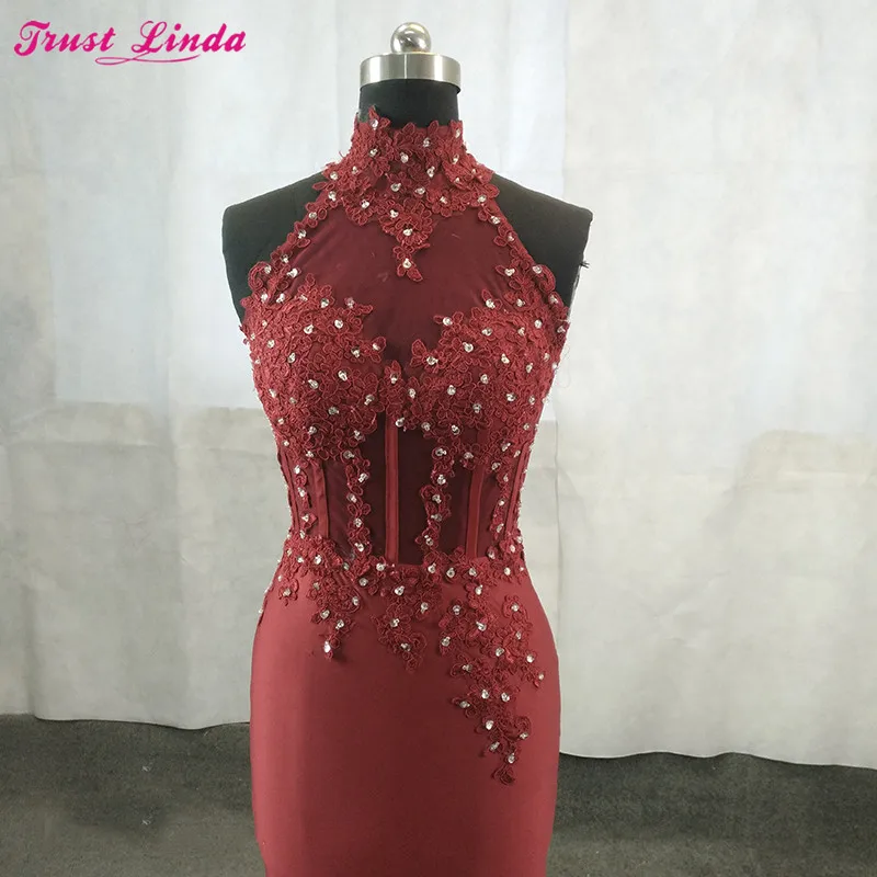 Burgundy Prom Gown Satin Lace Appliques Beads Halter Neck Mermaid Bridesmaid Dresses