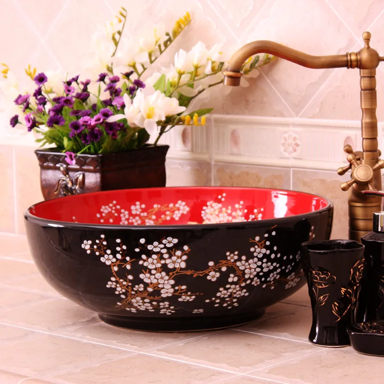 

China Painting Red plum blossom Ceramic Painting Art Bathroom Vessel Sinks Round counter top hand painted porcelain sink