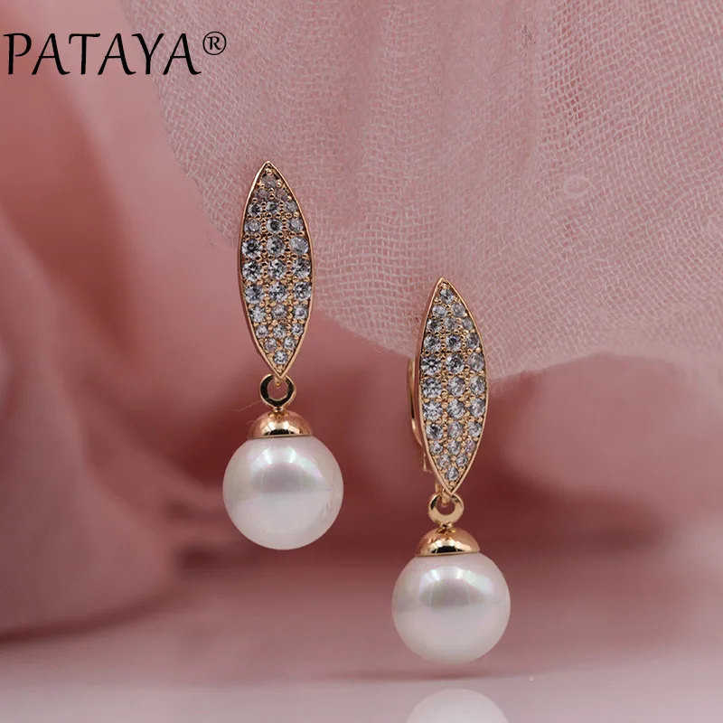 PATAYA New 585 Rose Gold Color Micro-wax Inlay Natural Zircon Shell Pearls Long Dangle Earrings Women Wedding Luxury Jewelry