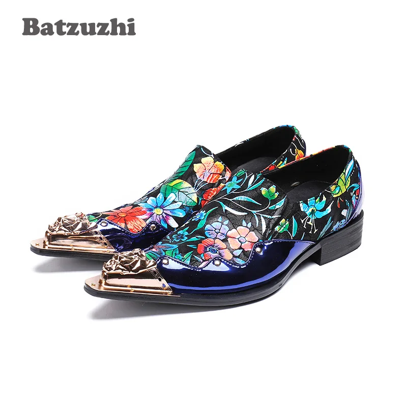 Batzuzhi Handmade Rock Mens Shoes Metal Pointed Toe Blue Genuine Leather Men Dress Shoes Oxford Flats Blue Flowers Party Shoes