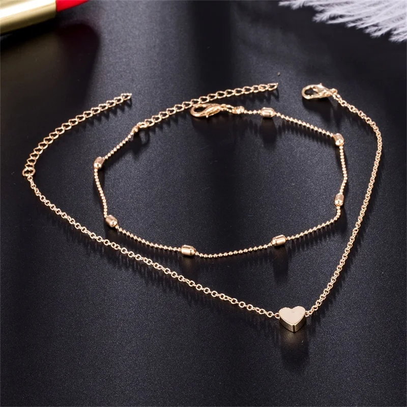 FNIO Two Layers Chain Heart Style Gold Color Anklets For Women Bracelets Summer Barefoot Sandals Jewelry On Foot Leg Chai