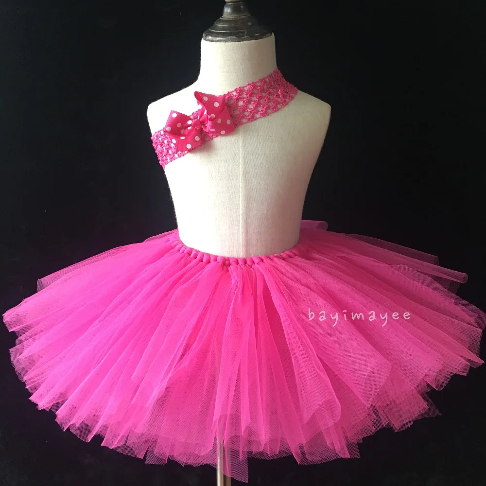 Hot Pink Girls Skirts Baby Handmade Fluffy Tulle Tutu Skirts Ballet Pettiskirt with Polka Dots Hair bow Kids Party Skirt Clothes