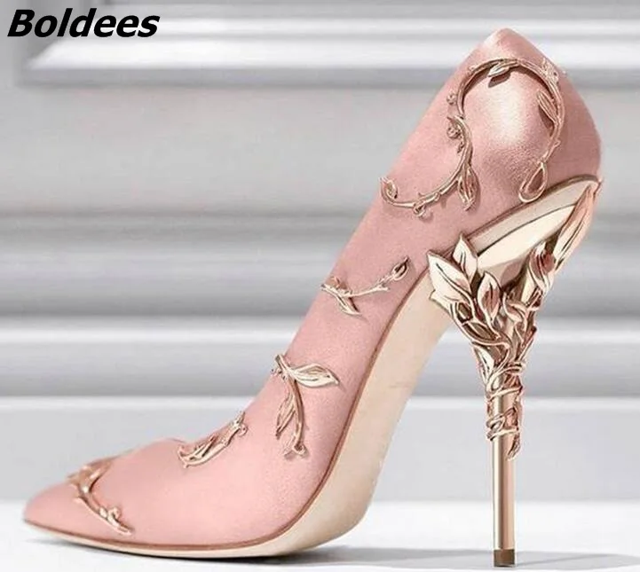 New Arrival Awesome Pink Silk Metal Stiletto High Heel Shoes Women Fancy Metal Branch Decoration Thin Heel Pointy Pumps Hot Sell