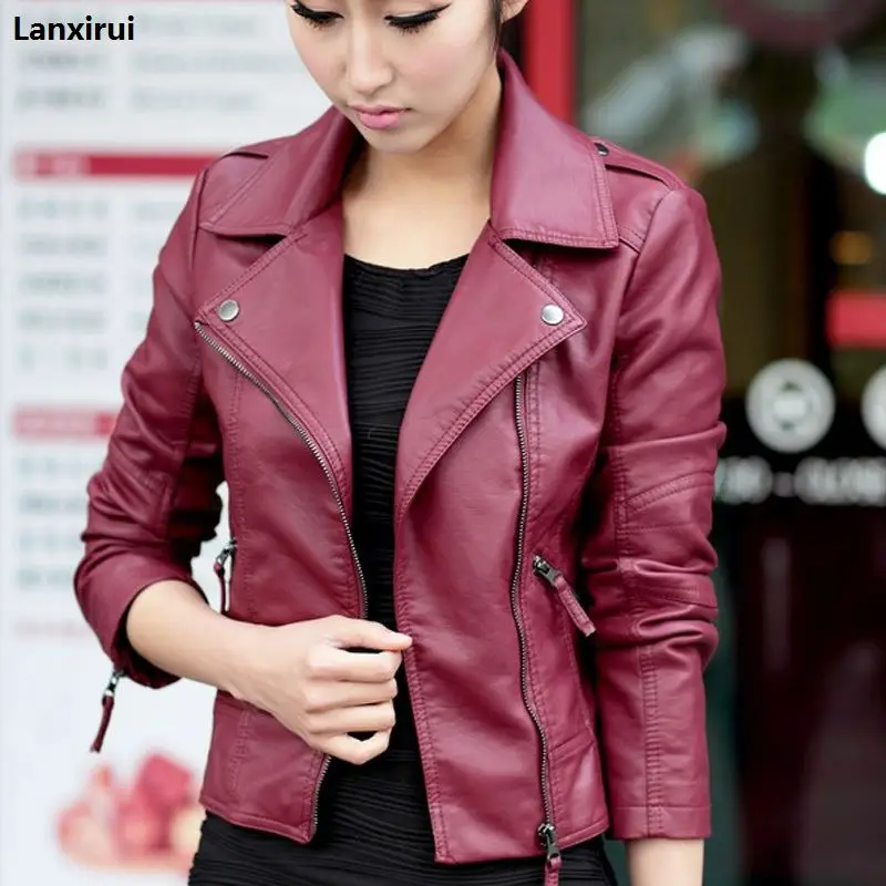 

New Spring Women Leather Jacket Red Black PU Jackets Motorcycle Leather Jacket Slim Casual Coat