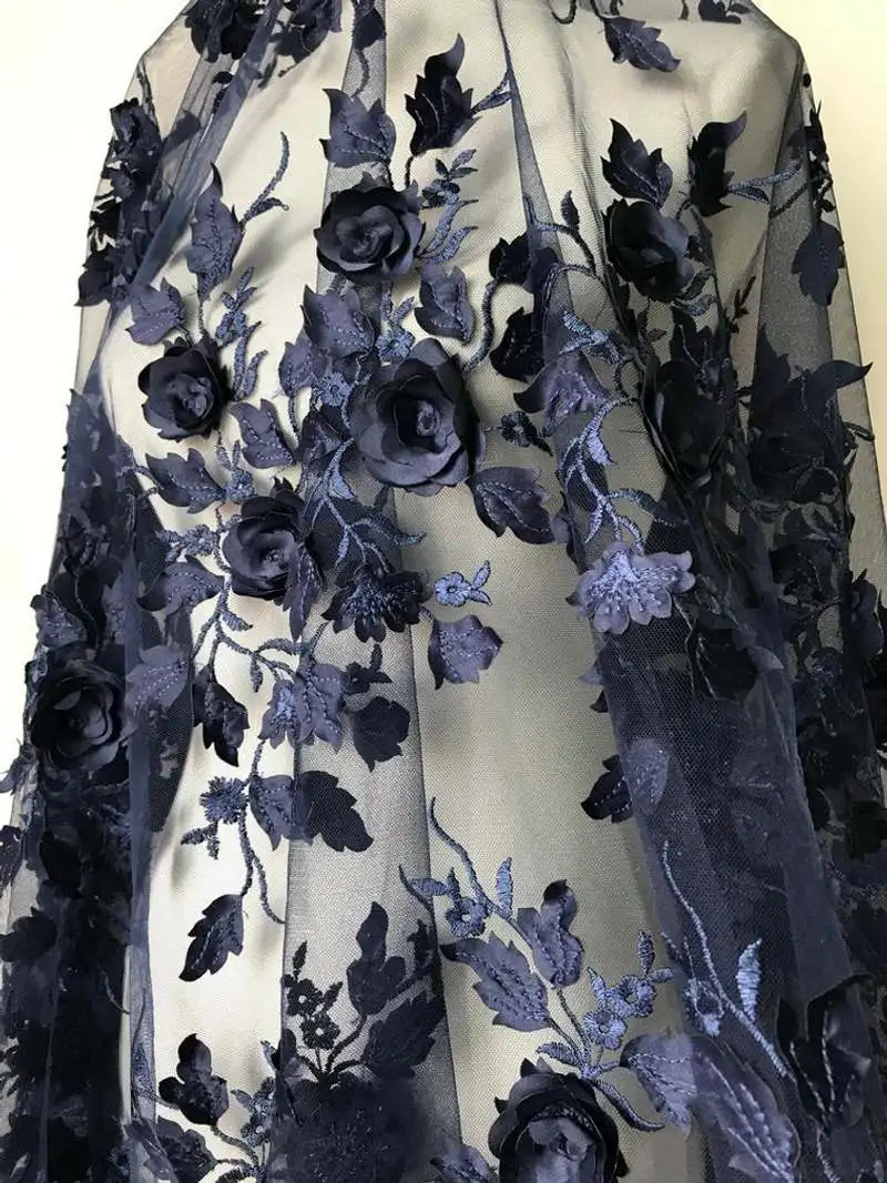 

3D Rose Flower Fabric, Navy Blue Lace Fabric, Floral Leaf Lace Fabric, Navy Floral Wedding Fabric By Yard