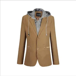 Blazer masculino com capuz de fivela única, jaqueta de algodão, terno masculino, tampa de descarga, duas peças falsas