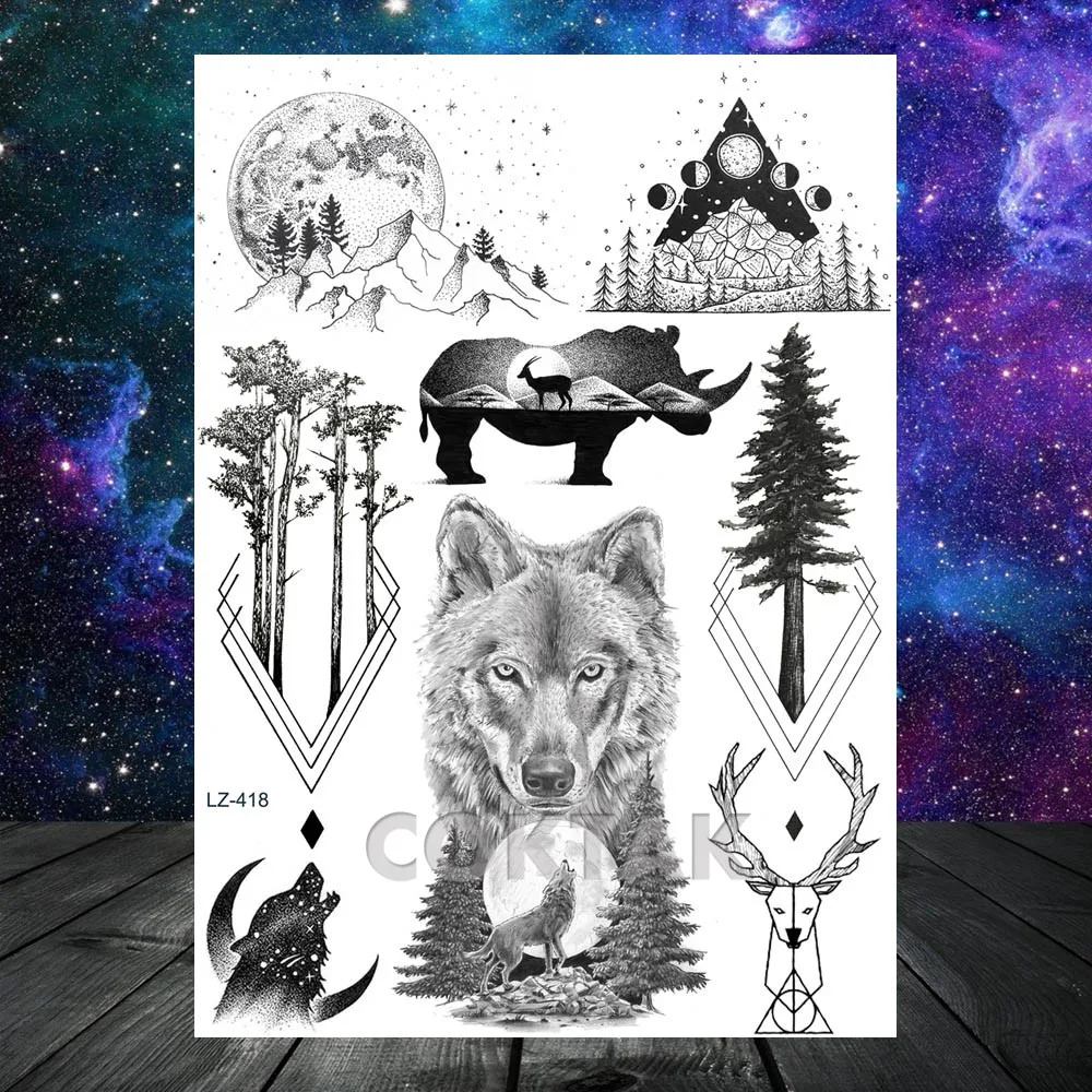 Large Black Wolf Mountain Moon Tree Custom Temporary Tattoos For Men Foream Tattoo Water Transfer Tatoos Body Art Painting Tree