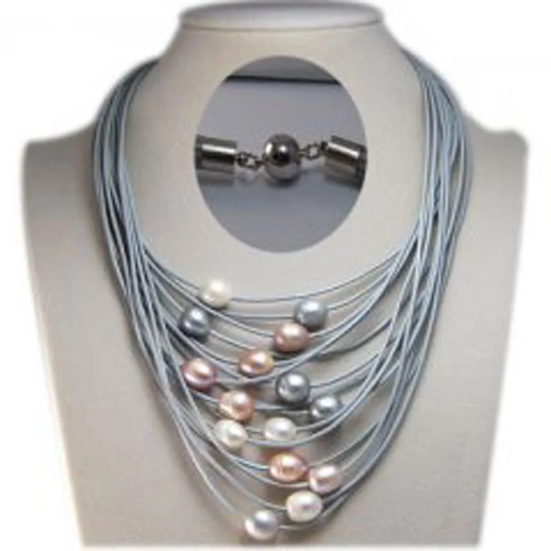 17-24 inches 15 Rows Natural Multicolor Oval Pearl Customized Silver Gray Leather Necklace