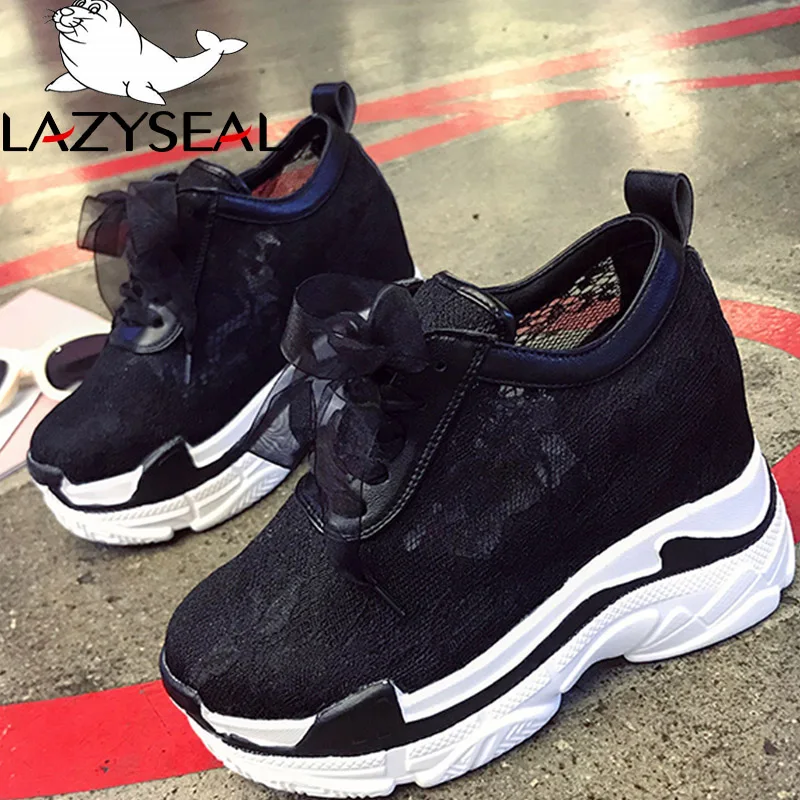 LazySeal Height Increasing Lace Platform Ankle Boots Shoes Women Lace-Up Walking Shoes White Breathable Air Mesh Woman Sneakers