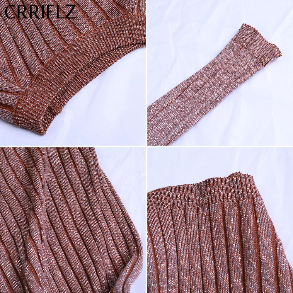 CRRIFLZ Slim Bright Silk Dress O Neck Knit Long Sleeve Dress For Women Bodycon Pencil Dress Office Lady Spring Autumn