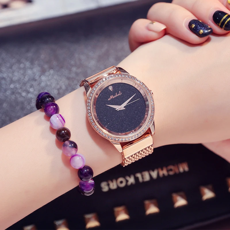 Waterproof Fashion Female Watch New Star Rose Gold Steel Watchband dress leisure decorative ladies quartz watch