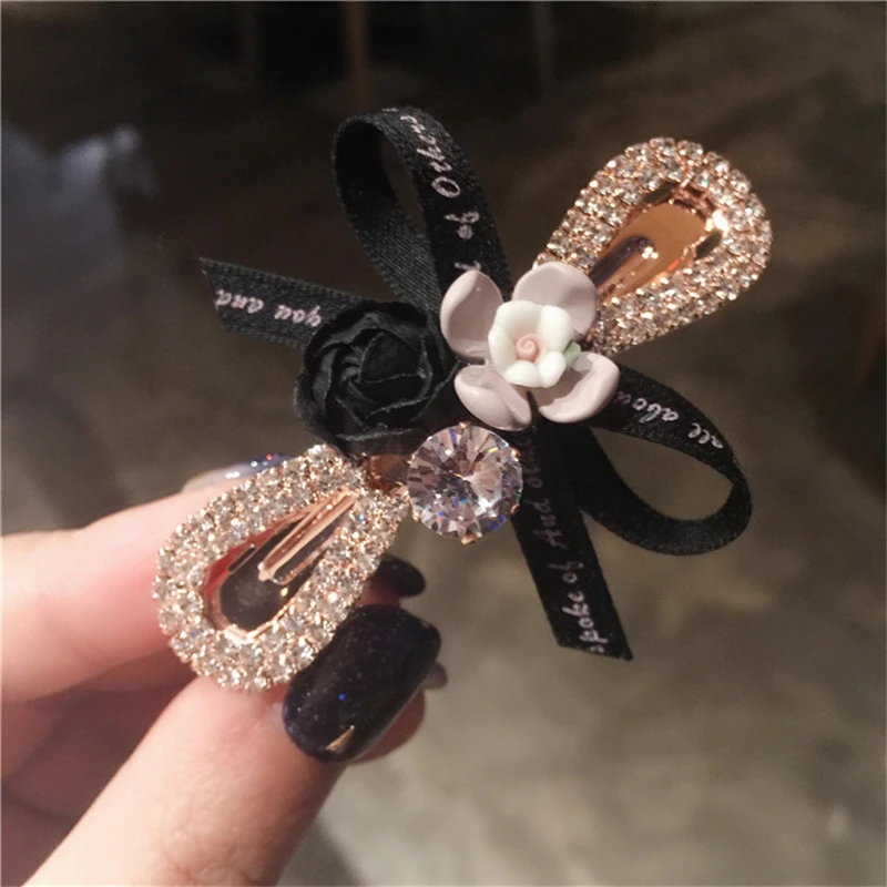 Korean Fashion Flower Hair Clip Crystal Bow Ribbon Hairpins Shiny Rhinestones Boutique Women Hair Accessories Ponytail Holder