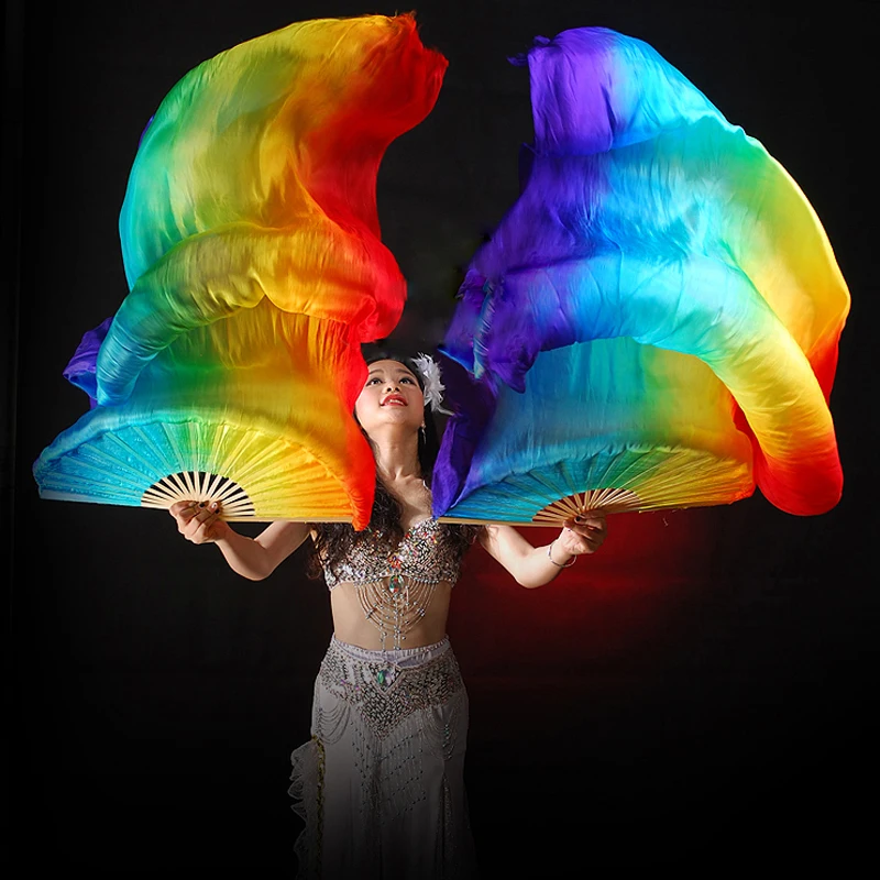 100% Silk Stage Performance Props 1 Pair Dance Silk Fans 180cm Long Silk Veils Rainbow Belly Dance Veils Fans