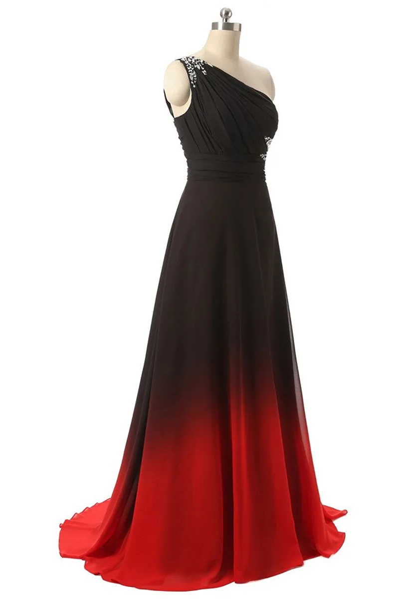 2021 New Long Prom Dress One Shoulder Black&Red Gradient Chiffon Ombre Evening Prom Dresses Party Gowns