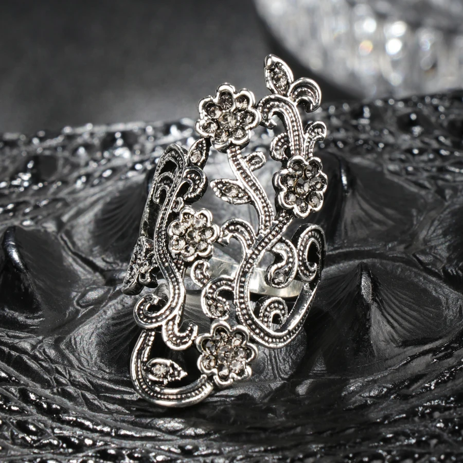 Kinel Graceful Antique Tibetan Silver Crystal Flower Rings For Women Vintage Jewelry Gray Crystal Big Ring Party Accessories