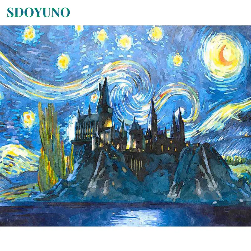 

SDOYUNO Castle under the starry sky Painting By Numbers DIY Frame Paint By Numbers For Adults Abstract Morden Wall Art For Gift