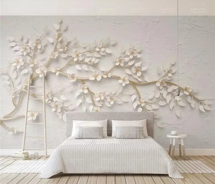 

Custom wallpaper mural golden branches white flowers 3d embossed TV background wall paper papel de parede