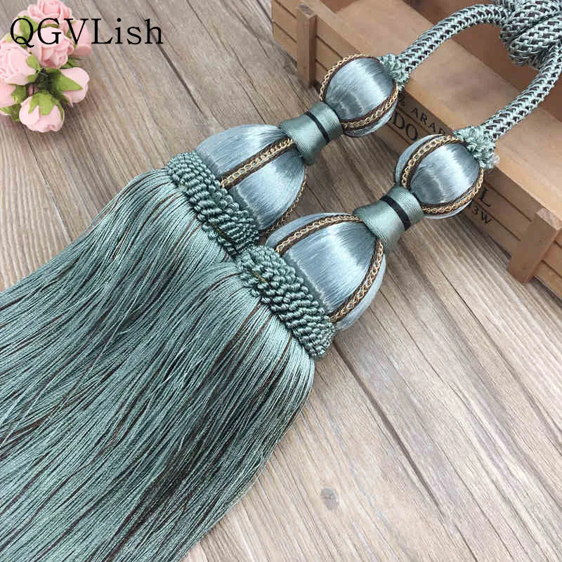 QGVLish 2Pcs Curtain Tassel Fringe Tiebacks Hanging Belt Balls Ropes Curtain Buckles Clasp Clips Curtain Accessories Tie Backs