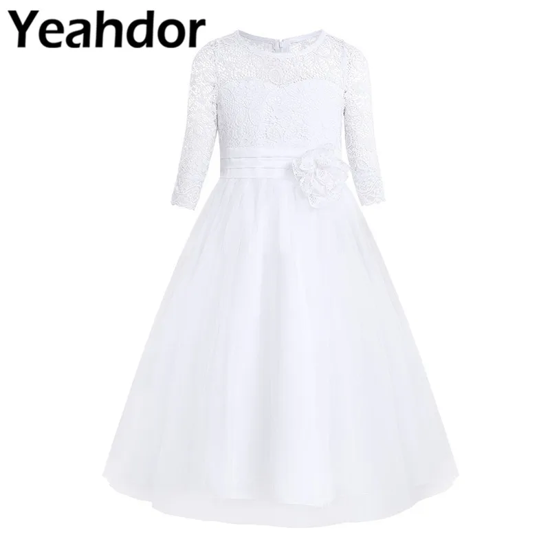 Kids Princess White Lace Flower Girl Dresses Mesh Half Sleeves Tea Length Sash Lace Dresses For Wedding Birthday Party Vestidos