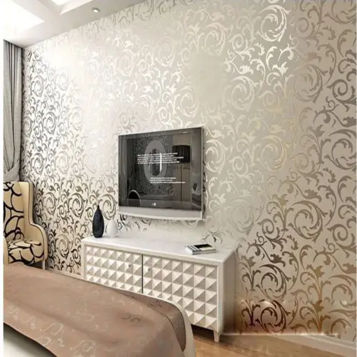 Q QIHANG High-grade Thicking Flocking Wallpaper Roll silver&gray Color  0.53m*10m=5.3m2