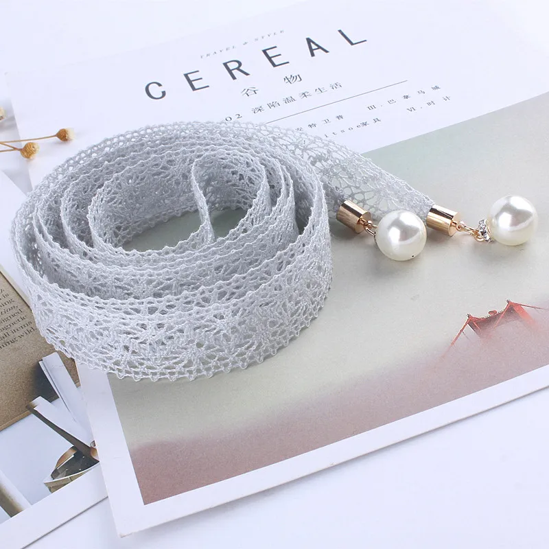 women Fashion lace hollow girdle thin pearl belt rope for dresses tassel waistband belt knot decorated narrow ribbon black