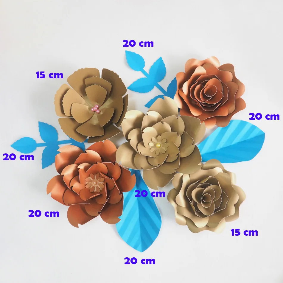 DIY Giant Paper Flowers Artificial Rose Fleurs Artificielles Backdrop 5pcs+ 4 Leave Bedroom's Wall Decor Nursery Mix Gold Copper