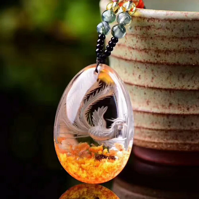 Wholesale Flower Natural Ghost Crystal Pendants Hand Carved Phoenix Sweater Chain Necklace Lucky for Women Men Crystal Jewelry