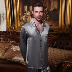 Pijama masculino de seda verdadeira, conjunto de roupas de dormir com manga longa de alta qualidade de seda verdadeira e verdadeira para homens, 100%