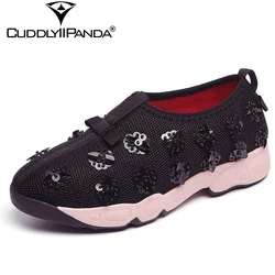 CuddlyIIPanda Summer Autumn Metal Sequined Flowers Women Casual Shoes Luxury Design Air Mesh Sneakers Beaded Flats Zapatos