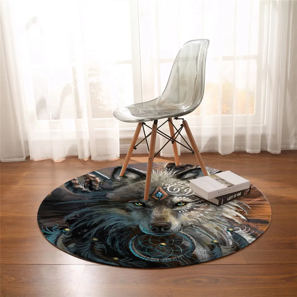 Wolf Warrior by SunimaArt Round Bedroom Carpet Wolf Area Rugs Mat Animal Tapete For Living Room Dreamcatcher alfombra