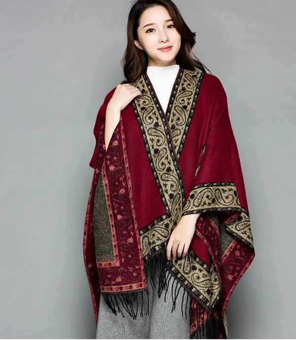 

National Style Cashmere Pashmina Women's Winter Poncho Scarves Thick Tassel Shawl Wrap Two Sides Scarf Travel Photo Blanket