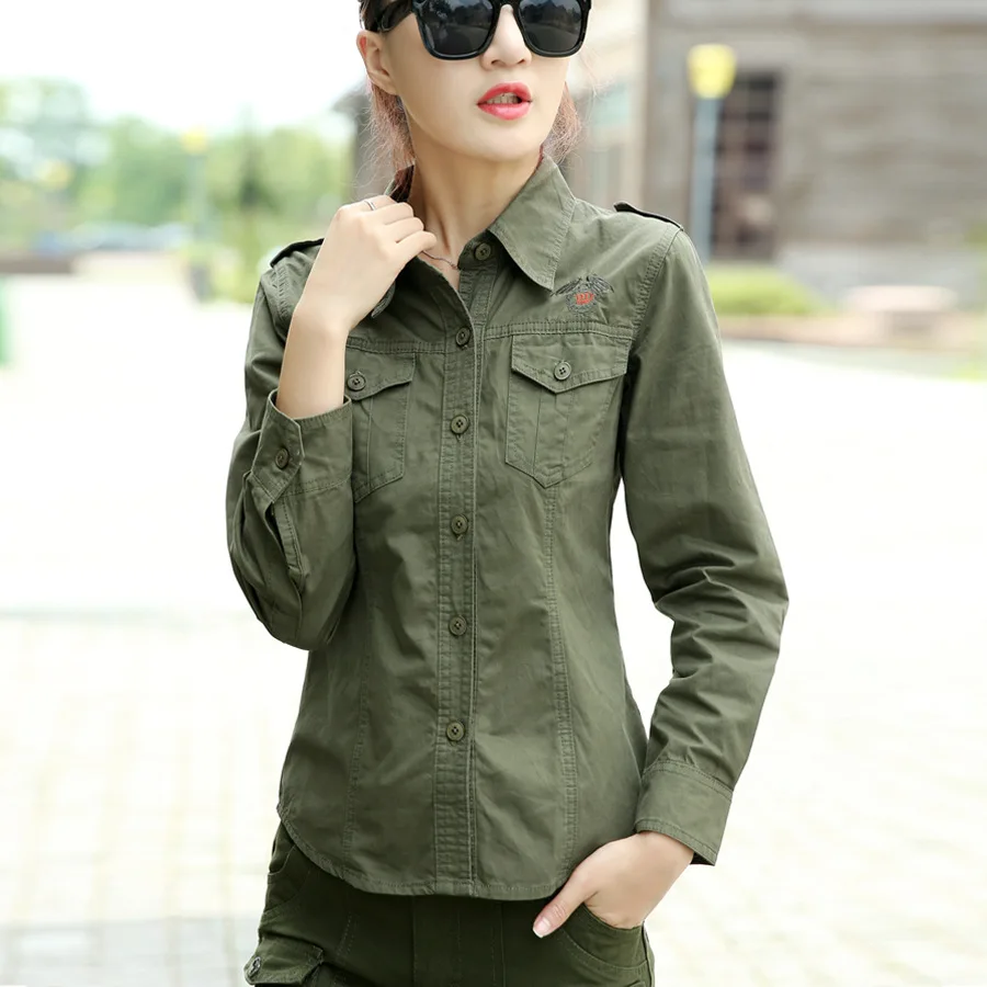 2024 Army Green Shirt Ladies Cotton Long Sleeve Badge Military Uniform Slim Blouses Plus Size 4XL 5XL Women Clothing