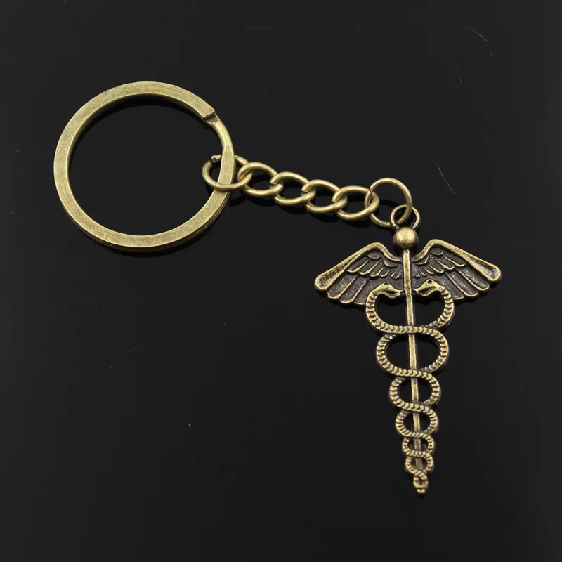 New Fashion Men 30mm Keychain DIY Metal Holder Chain Vintage Caduceus Medicine Symbol 49x30mm Silver Color Pendant Gift