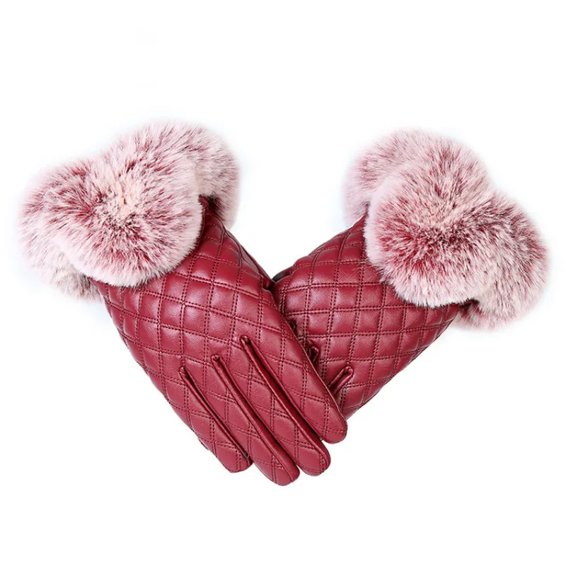 KUYOMENS Fashion Women Warm Thick Winter Gloves Leather Elegant Girls Brand Mittens Free Size With Rabbit Fur Female Gloves