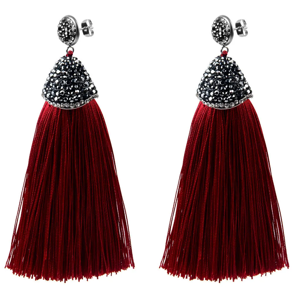 Vintage Bohemian Crystal Long Silk Tassel Earring Women Rhinestone Charm Stainless Steel Dangle Drop Earrings Boho Jewelry