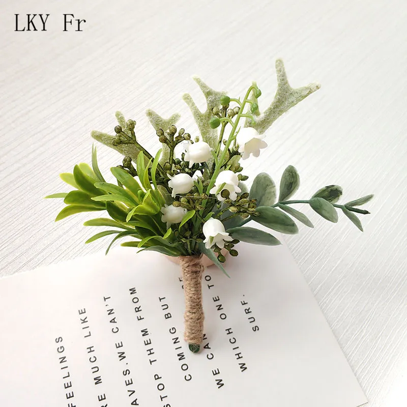 LKY Fr Boutonniere Corsage Pin ดอกไม้สีเขียวป่าแต่งงาน Boutonniere Buttonhole ผู้ชาย Planner แต่งงาน Corsages เข็มกลัด