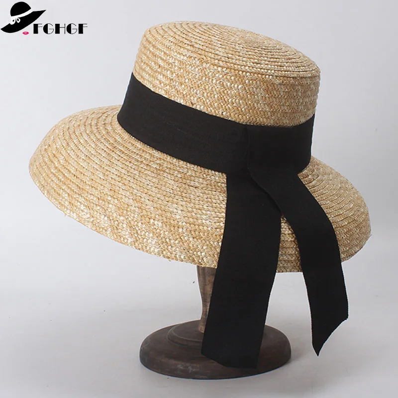 Wide Brim Summer Sun Hat for Women Kentucky Derby Hats Ladies Wheat Straw Hat Black Ribbon Flat Top Handmade Leisure Beach Hats