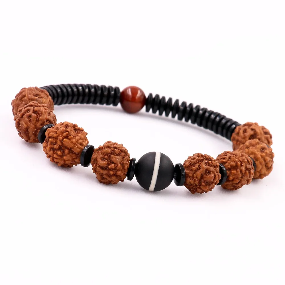 Natural 10mm Rudraksha Beads Tibetan Unisex Red Tiger\'s Eye Yoga Meditation Ethnic Macrame Bracelet For Women and Men