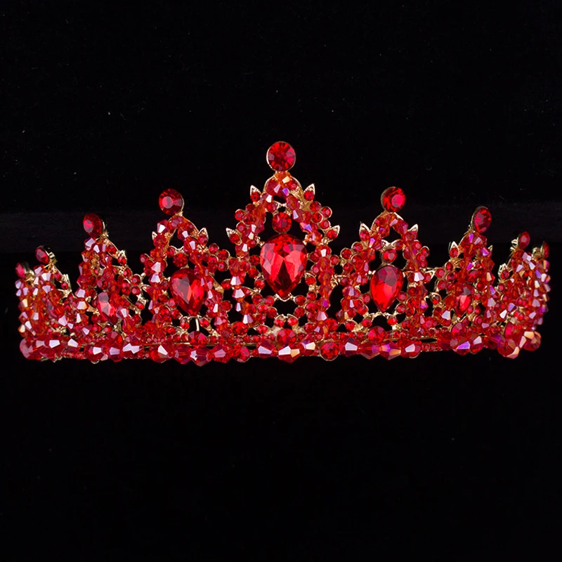 KMVEXO Luxury Red Rhinestone Bridal Tiara Crown Gold Color Baroque Crystal Diadem for Brides Headband Wedding Hair Accessories