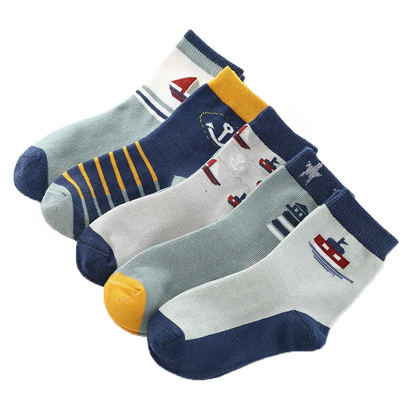 Children Wit  Autumn And Winter New Kids Socks Cotton Cute Sailboat Pattern Boys Girls Socks 3-12 Year Student socks 5 Pairs