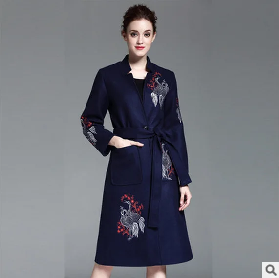 

Plus 3XL winter 2021 Spring wool coat women's Trench coats embroidered Blends medium-long woolen outerwear overcoat jackets