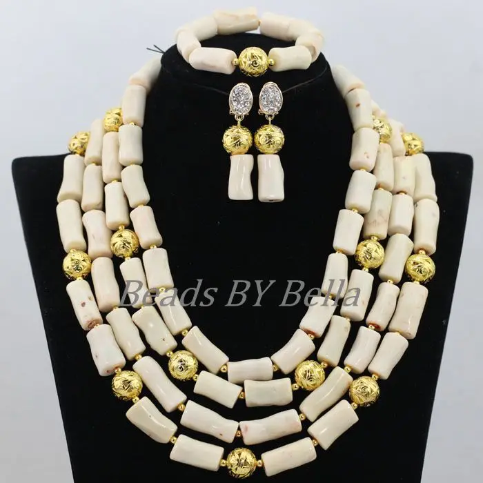 

Nigerian Wedding African Coral Beads Bridal Jewelry Sets Women Costume White Coral Beads Necklace Jewellery Free Shipping ABF902