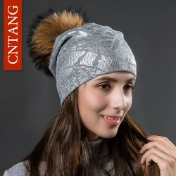 CNTANG Knitted Warm Double Layer Silver Print Wool Hats Women Autumn Winter Caps With Natural Fur Pompoms Beanies Fashion Hat
