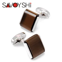 SAVOYSHI Shirt Cufflinks for Mens High Quality square brown Stone Cuff Links Brand Jewelry Special Gift Free Engraving Name